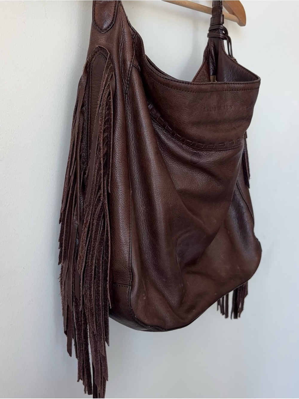 Ralph Lauren Collection Leather Fringe Shoulder Hobo Bag Dark Chocolate Brown - Picture 5 of 16